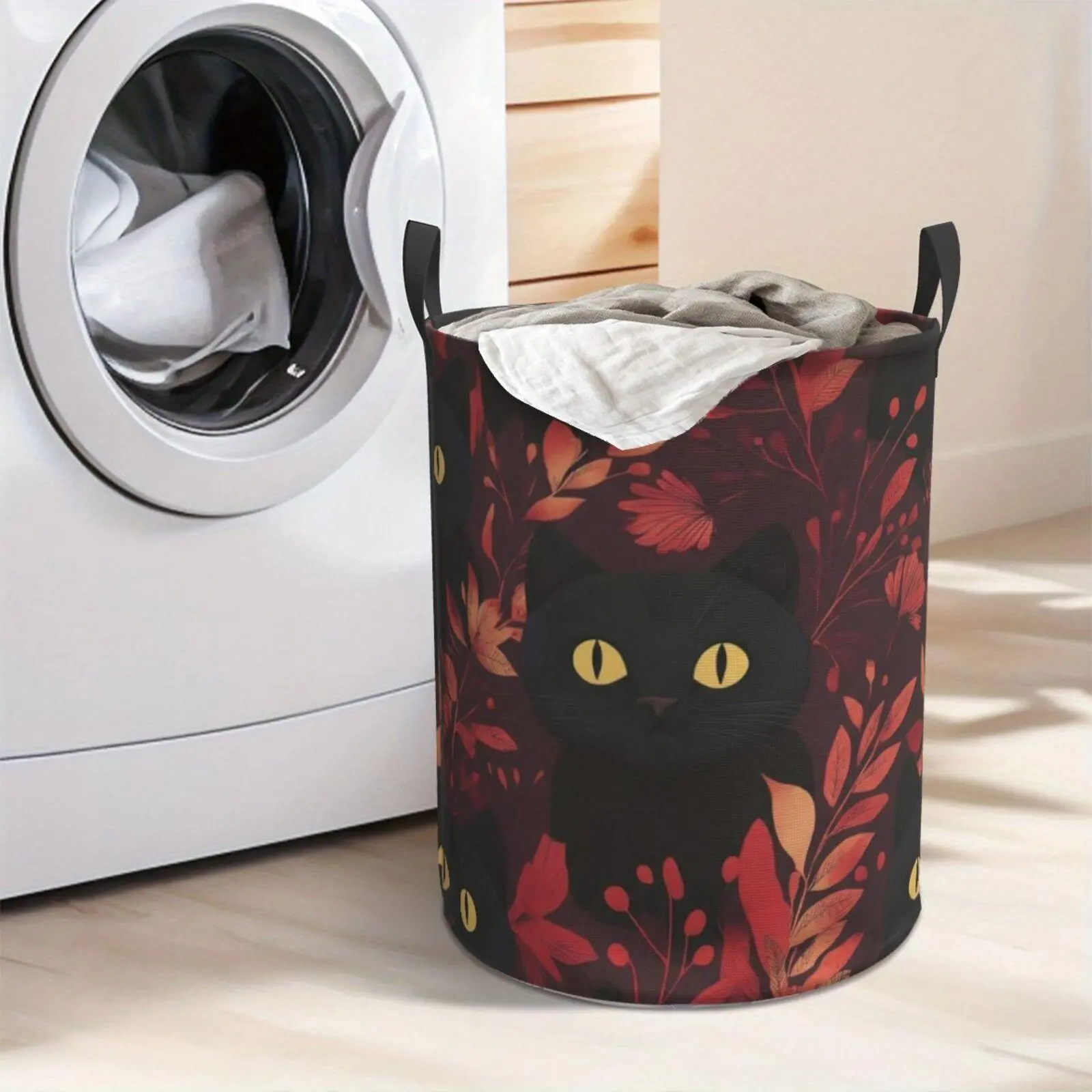 Black Cat Floral Laundry Hamper  Portable Storage Hamper with Sturdy Handle， Oxford Cloth， Easy to Store and Collapsible Design， Laundry Baskets