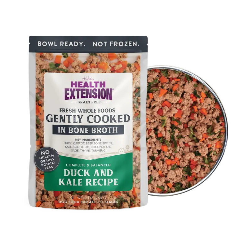 Health Extension Gently Cooked Duck & Kale Grain-Free No-GMO Natural Puppy Wet Dog Food, Multi-Pack Bowl-Ready Pouches, Fresh Home-Cooked Style, Immune Support, Refrigerate Leftovers