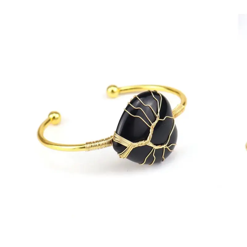 Gold plated copper obsidian heart bangle