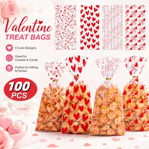 Valentine Treat Bags, 100 Pcs Valentines Cellophane Bags, Plastic Clear Red Valentine Candy Cookie Gift Goodie Snack Bag with 100 Pcs Twist Ties for Valentines Wedding Party Favor Supplies, 4 Styles