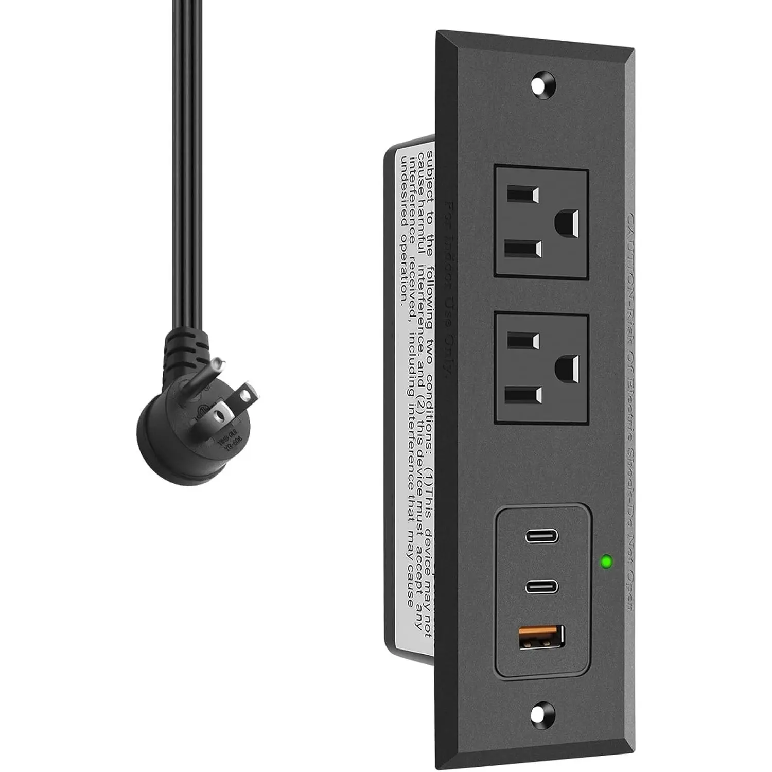Recessed Power Strip with Two USB-C Ports, Fast Charging USB A Port Desk Outlet, Black Furniture Hidden Charging Station for Side Table, End Table, with 6 FT 45 Degree Flat Plug Extension Cord.