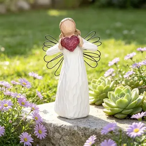 1Pcs Resin Angel Figurine with Red Heart, Wire Wing Guardian Angel Statue, Wood-Carved Style White Angel Sculpture, Inspirational Love Ornament, Warm Home & Garden Decor, Ideal Gift for Valentine’s Day, Baptism, Christmas & Sympathy