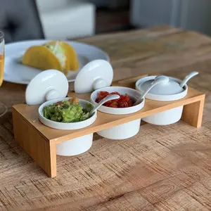 Ceramic Condiment Ramekins Set w/Lids & Spoons on Bamboo Tray
