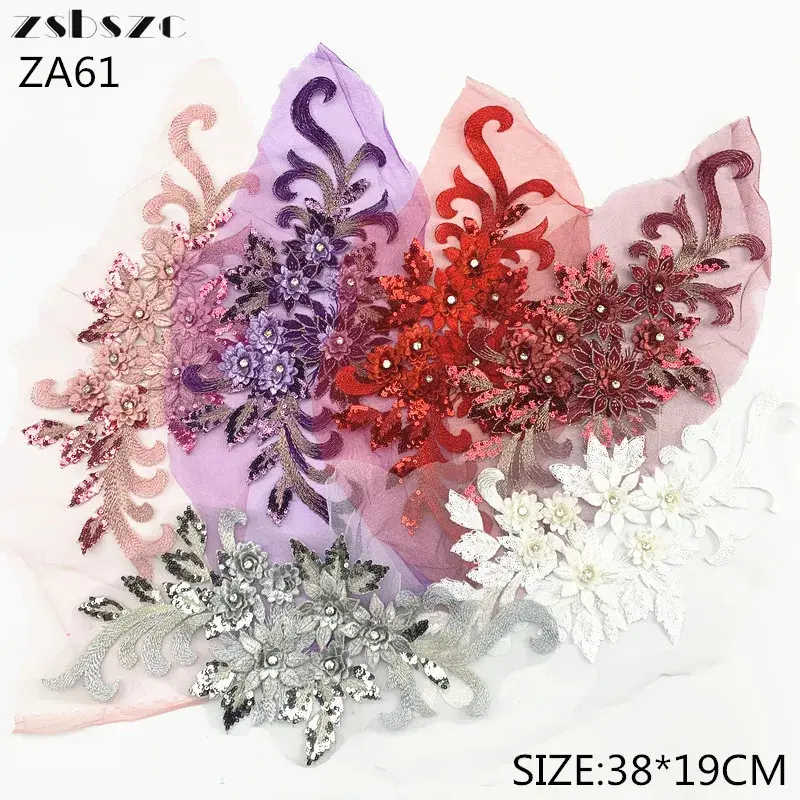 38x19cm Gold Beaded 3D Flower Embroidery Appliqué, Sew-on Patch for Wedding Wear, Fashion & Clothes Accessory, Handmade DIY Decoration