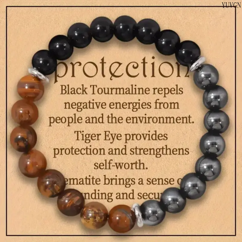 Unisex Triple Protection Beaded Bracelet - Handmade Elastic Bracelet with Tiger Eye, Hematite Stones, Vintage Jewelry Gift for Couples, Daily Leisure Wear