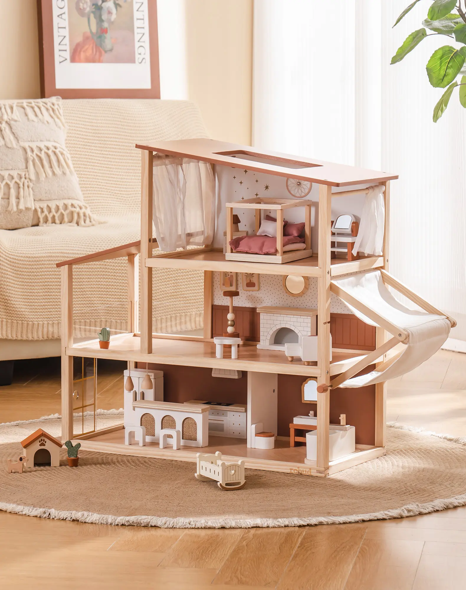 ROBUD Bohemian Wooden Dollhouse, 4 Rooms Wooden Doll House with 37Pcs Furniture Set, Kitchen, Large Space, Ideal Gift for Kids Ages 3+ (Black)