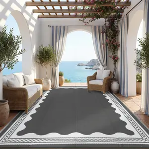 Scalloped Pattern Outdoor Rug Double-Sided Reversible Plastic Straw Rug Modern Solid Color Outdoor Rug Waterproof Foldable for Patio Garden Balcony Beach Picnic RV