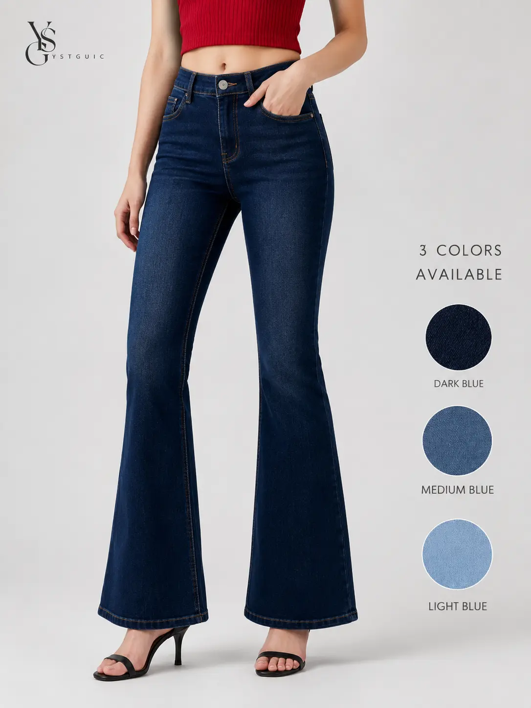 Women's High-Waisted Flare Jeans, Slim-Fit Bootcut Denim Pants with Functional Pockets, Figure-Flattering Casual Jeans in 3 Blue Washes