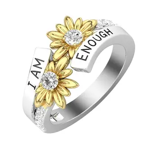 Sunflower Rings for Women I AM ENOUGH Letters Carving Inspirational Flower Ring Trendy Jewelry Accessories Gifts, Suitable for US sizes 7 & 8