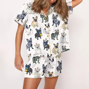 French Bulldog Pajama Set For Women Print Comfy Satin Sleepwear & Loungewear Pjs Short Sleeve Top & Bottoms Shorts Without Pockets - SHESHOW