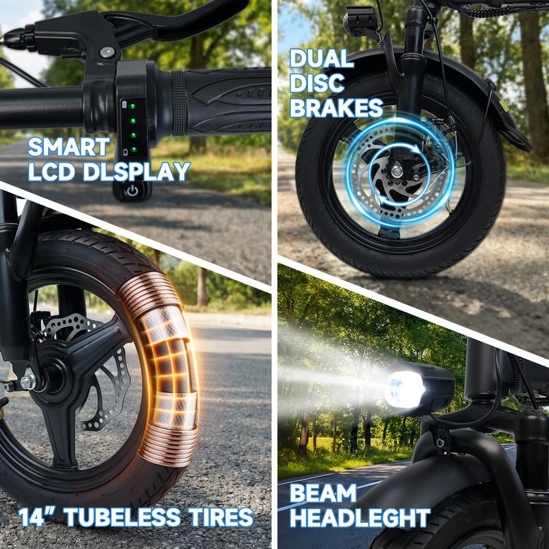 500W Motor Electric Bike , 14” Folding Electric Bicycle , 18MPH Top Speed, 36V 12Ah Removable Battery, 30-Mile Range, Adjustable Handlebar & Seat, 3 Riding Modes