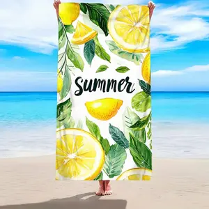 1 piece summer lemon print beach towel, soft, lightweight, absorbent, bright lemon  leaf design, great for travel, swimming, surfing, yoga, camping, beach accessory.