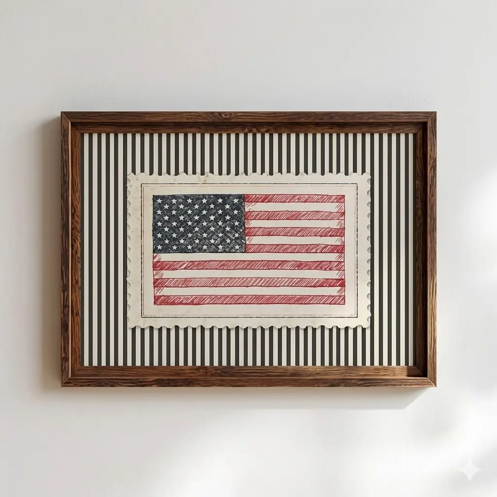[SALE UP TO 40%][Unframe] American Flag Wall Art, Vintage Americana Decor, Patriotic Poster, Retro USA Flag Print, Fourth of July Decor, Striped Minimalist Print