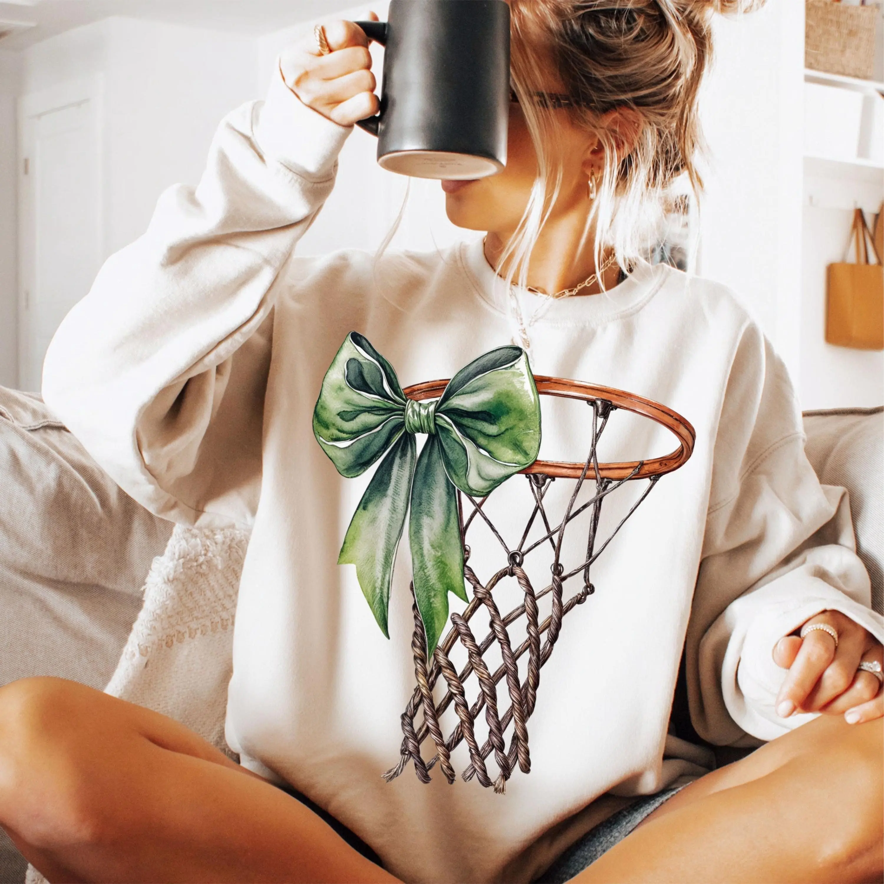 Basketball Hoop Green Bow Sweatshirt, Vintage Watercolor Game Day Gift Sweater, Cozy Rink Side Pullover for Her, Elegant Net Ribbon Crewneck, 100% Cotton, Made in USA