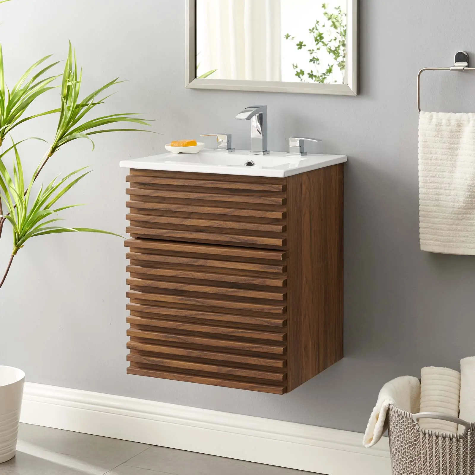 Modway Render 18" Wall-Mount Bathroom Vanity with MDF Cabinets, Walnut-White Finish