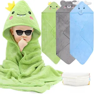 L-NG026 6 PCS Baby Towels, 3 PCS Soft Hooded Baby Towels & 3 PCS Washcloths, Baby Bath Towels for Newborns, Infants & Toddlers- Coral Fleece, Soft & Ultra Absorbent, Cute Towel Gift for Boys & Girls