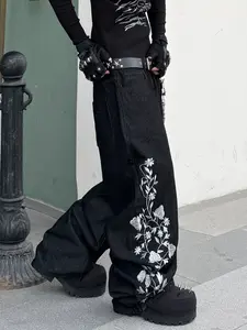 Men's Embroidered Loose Wide-Leg Jeans, Streetwear American Street Y2K Style, Casual Daily Wear, Multiple Sizes Available, No Belt Included