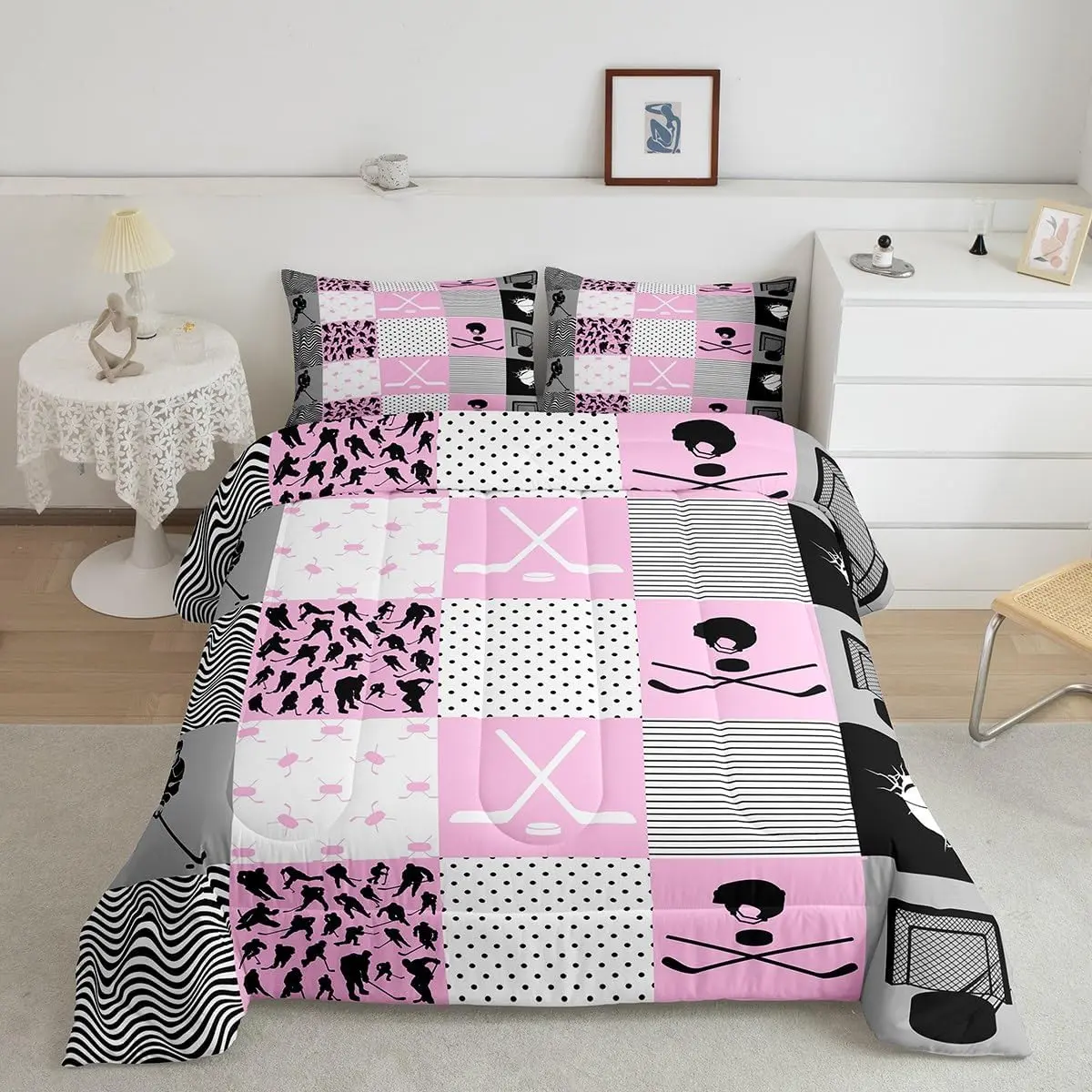 Feelyou Luxury Twin Size Pink Ice Hockey Quilt Set - Sporty, Breathable Geometric Print Bedding with Breathable Bed Cover & Decorative Linens