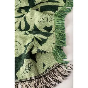 Botanical Green Throw Blanket, Reversible Cotton Jacquard Throw