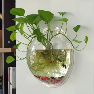 Modern No Drill Round Wall Mounted Planter, Transparent Acrylic Dual-Purpose Mini Fish Tank, Space Saving Hydroponic Plant Holder Combo Decor for Office Balcony Home