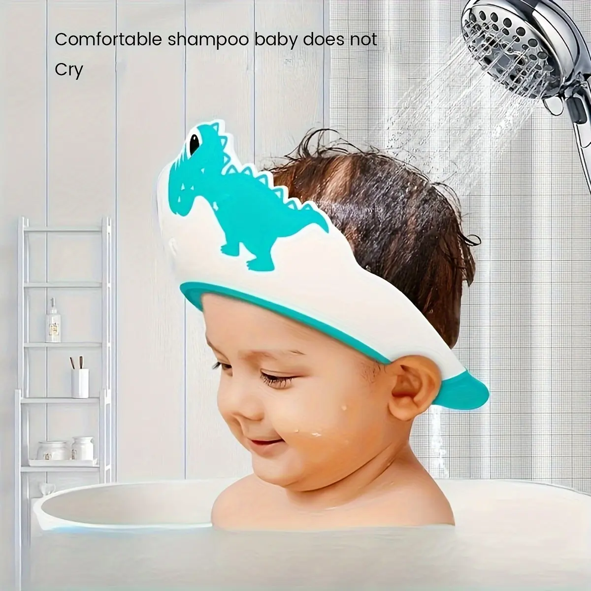 Shower cap with dinosaur design, leak-proof and comfortable fit, includes ear protection for children under 6 years old, bath accessory