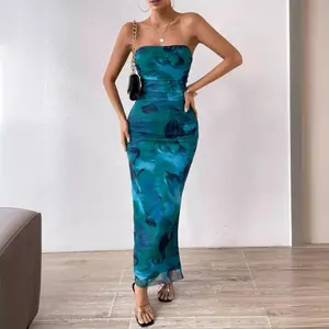 2026 European and American Summer Mesh Floral Ruffled Sexy Tight-Fitting Slit Strapless Tube Top Long Dress