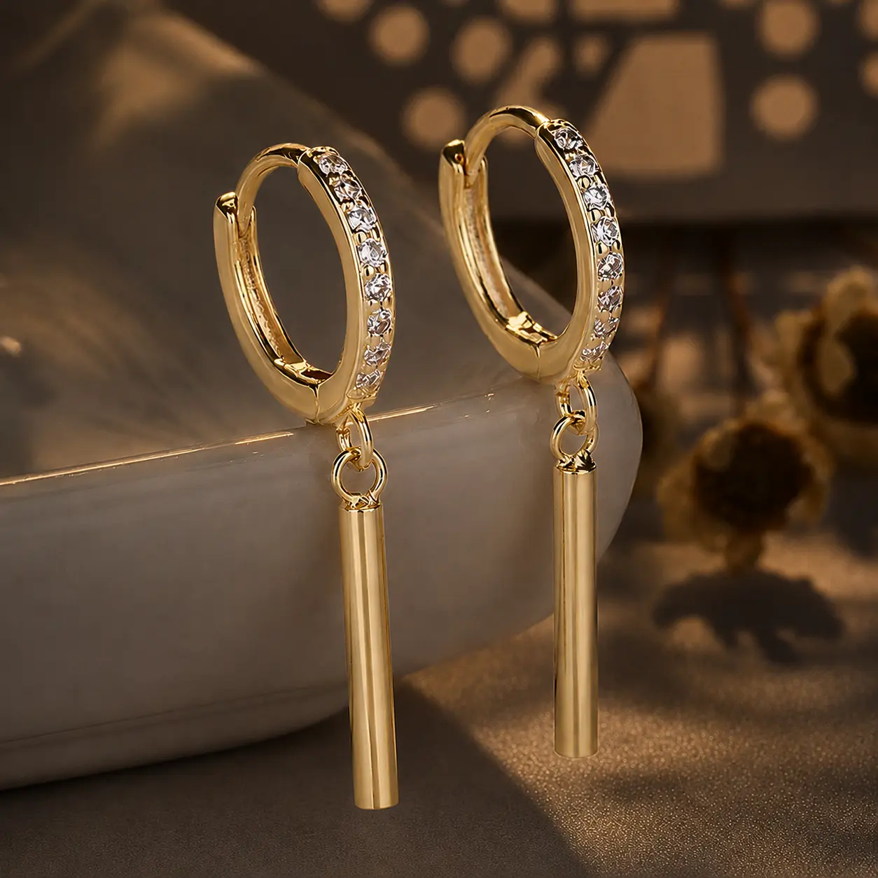 Women's 14K Gold Plated Geometric Cylindrical Bar Drop Earrings, Korean-Inspired AAA Zircon Hoop Earrings, Elegant Modern Costume Jewelry Gift for Her