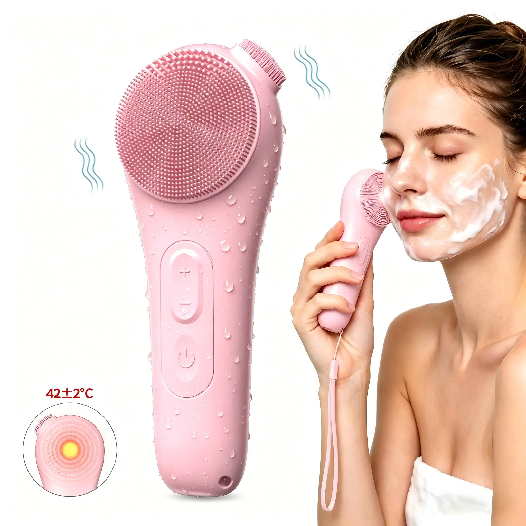 Mosnami Facial Cleansing Brush, Rechargeable Electric Silicone Face Scrubber with Nose Brush & Lanyard, Vibrating and Heating Facial Cleansing Massager, Skin Care Deep Cleansing Waterproof Face Brush for Men and Women Summer Gift