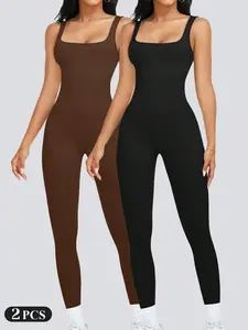 1/2 Pcs Womens Workout Rompers Jumpsuits Seamless Ribbed Yoga Gym Stretchable Activewear One Piece Sleeveless Square Neck Tank Top Leggings Unitard