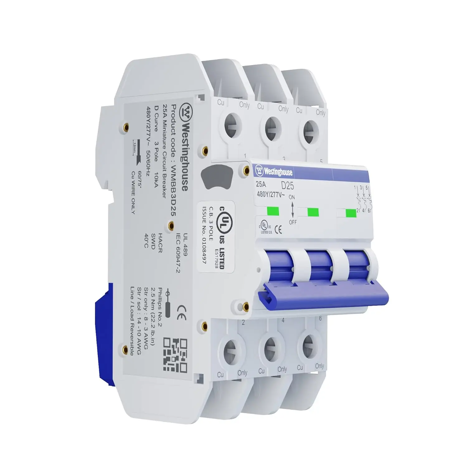 UL 489 AC Miniature Circuit Breaker, 25 Amp, 3 Pole, D Curve, 10kA, 480Y/277V AC, Non-Polarized, UL Listed, DIN Rail Breaker with Thermal Magnetic Trip