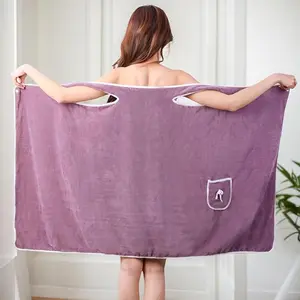 【2026】Wearable bath Towel , quick dry bath wraps shower skirt, Women's After Shower Robe ,Off Shoulder Bathrobe Dress,Cute Pocket Design,S Size,Purple