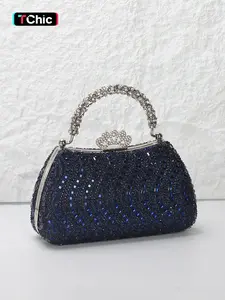 Gorgeous navy blue full of diamonds ladies evening bag, rhinestone handles design handbag, flowers with diamonds lock buckle, with shoulder chain shoulder bag, suitable for wedding, party, prom, holiday gift, school gift, Rhinestone Bling Bag
