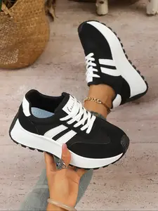 New Colorblock Thick Sole Sport Shoes, Retro Casual Dad Sneakers, PU Upper Material, Less Than Ankle Height, All Seasons, Walking Shoes