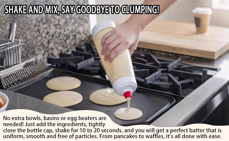 Pancake Batter Dispenser and Mixer with BlenderBall for Pancakes Waffles Muffins & Cupcakes Easy Pour Spout Reusable Plastic Silicone Kitchen Bakeware Bottle Blender Dispenser Hand Mixing Shaker For Waffle Pancake Cupcake Muffin