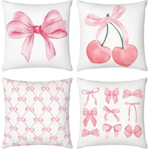 4 count 18 x 18''  Pillow Covers Pink Bow Pillow Covers Watercolor Aesthetic Room Decoration for Bedroom Livingroom Bedroom Decor