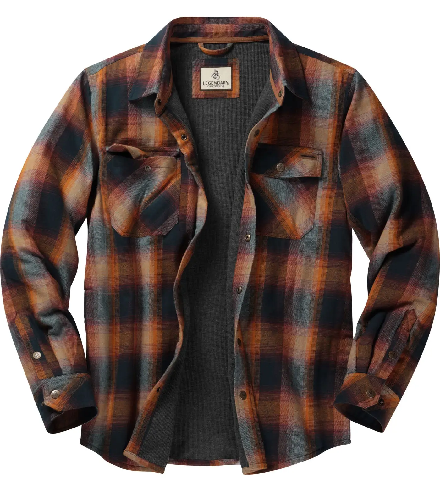 LEGENDARY WHITETAILS Menswear Men's Archer Thermal-Lined Shirt Jacket Tops, Casual Checked Cotton Flannel Shell, Snap-Front, Quilted Sleeves, Pockets