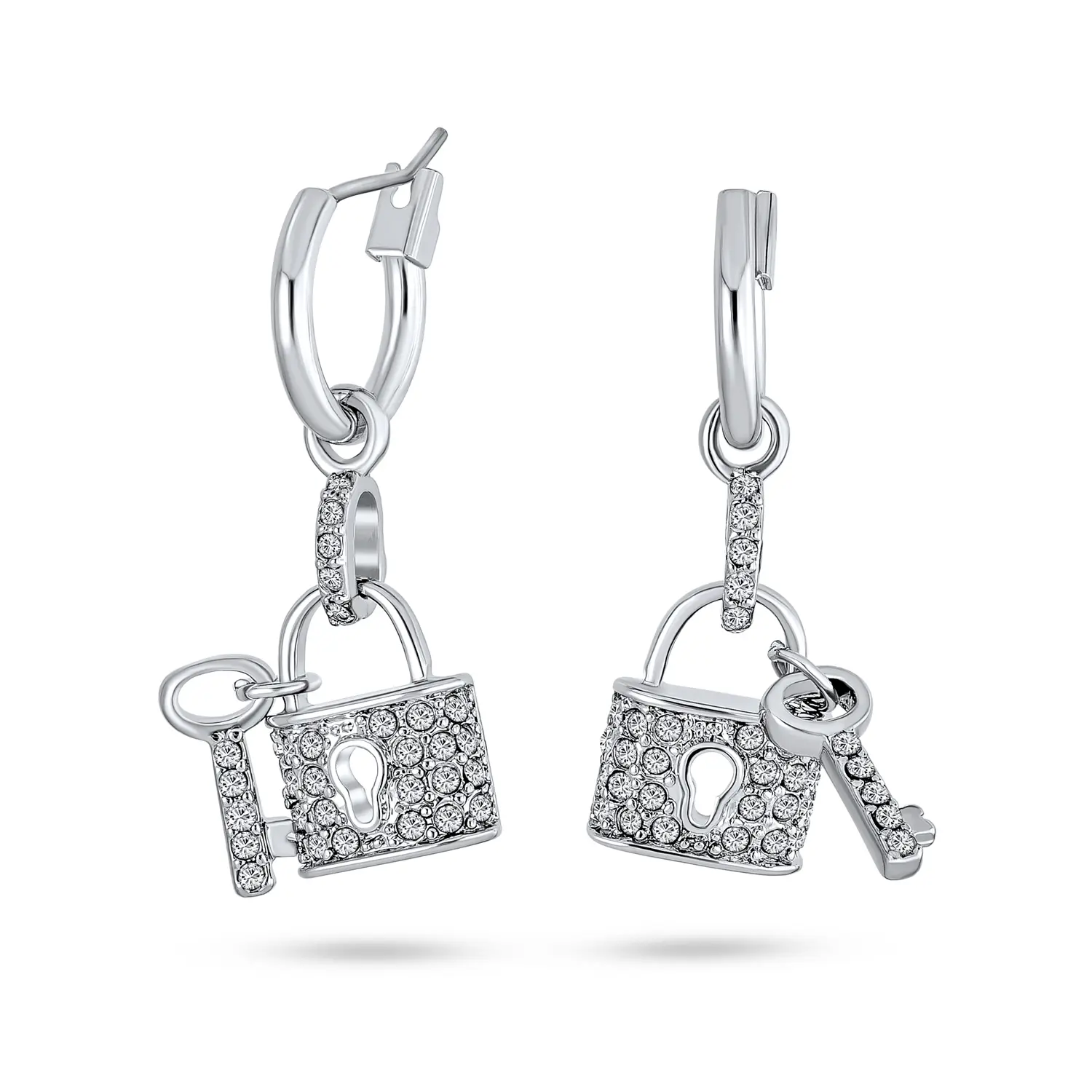 Cocktail Pave Crystal Lock And Key Charm Dangle Earrings Couples Rhodium Plated