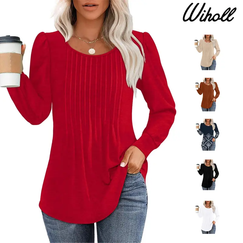 WIHOLL Women's Long-Sleeve Crewneck Pleated Tunic Blouse - Spandex-Rayon-Polyester, Lightweight, Soft Breathable, Dressy Casual Fall Essential for Leggings, Longsleeves, Fit, Fabric