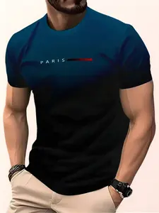Men's Gradient Blue Short Sleeve T-Shirt, Paris Print, Casual Polyester Knit, Round Neck, Summer Essential