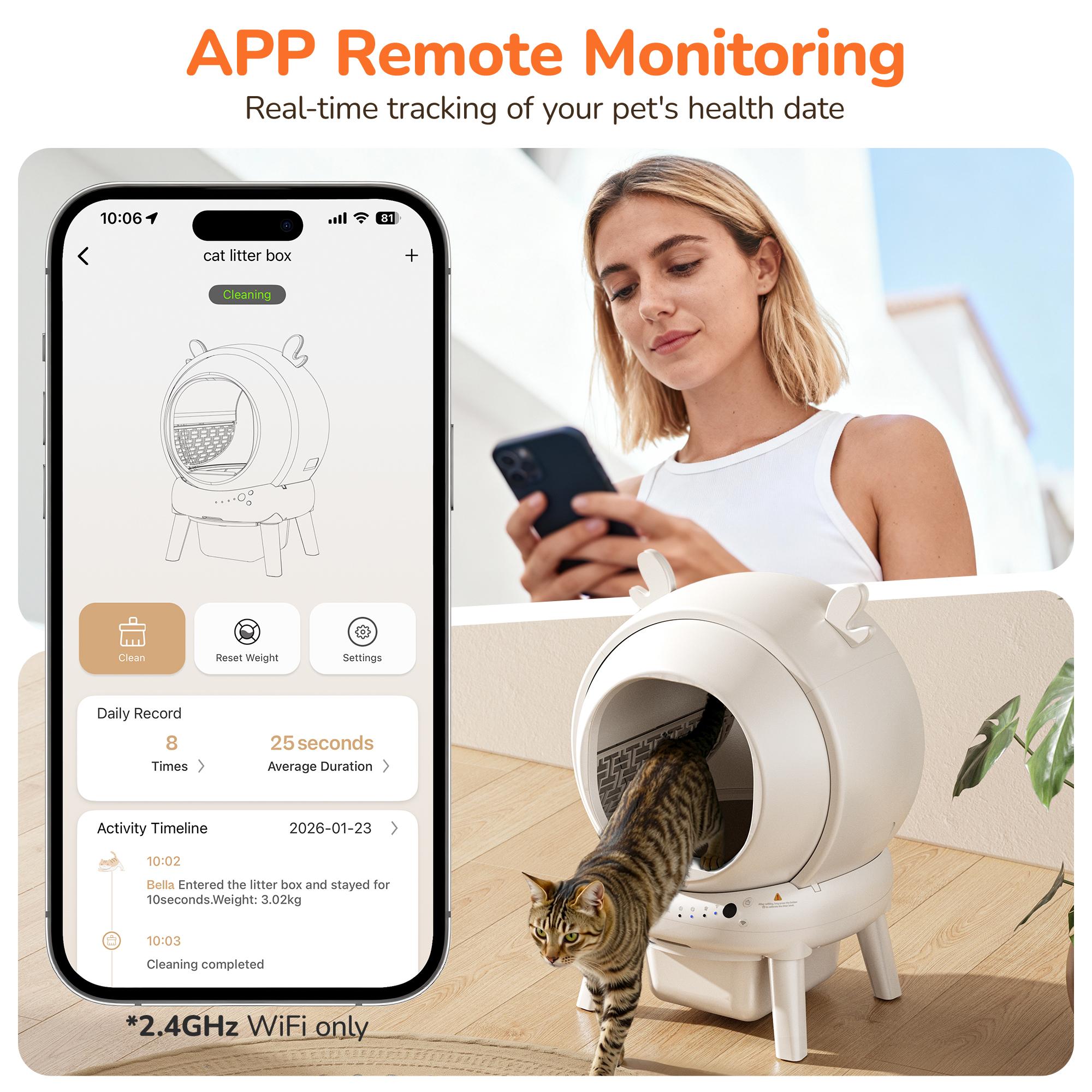 Furrykiddy Automatic Self Cleaning Litter Box, Cat Litter Box with APP Control, 65L Globe & Dual Safety Sensors, Robot Litter Box, 2 Roll Garbage Bags and Litter Mat, <35DB, for Multiple Cats