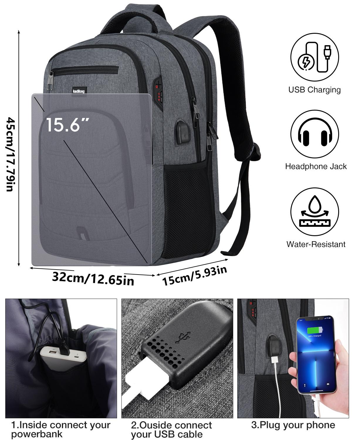 kadilong 15 Inch Large Anti-theft Laptop Backpack with USB Charging Port, Headphone Jack & Password Lock, Water Resistant Backpack for Students, Working Adults, School, Work & Travel