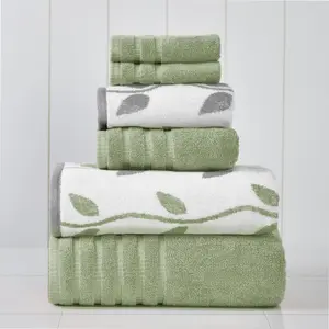 Modern Threads Organic Vines 6-Piece Cotton Bath Towel Set, Sage Green