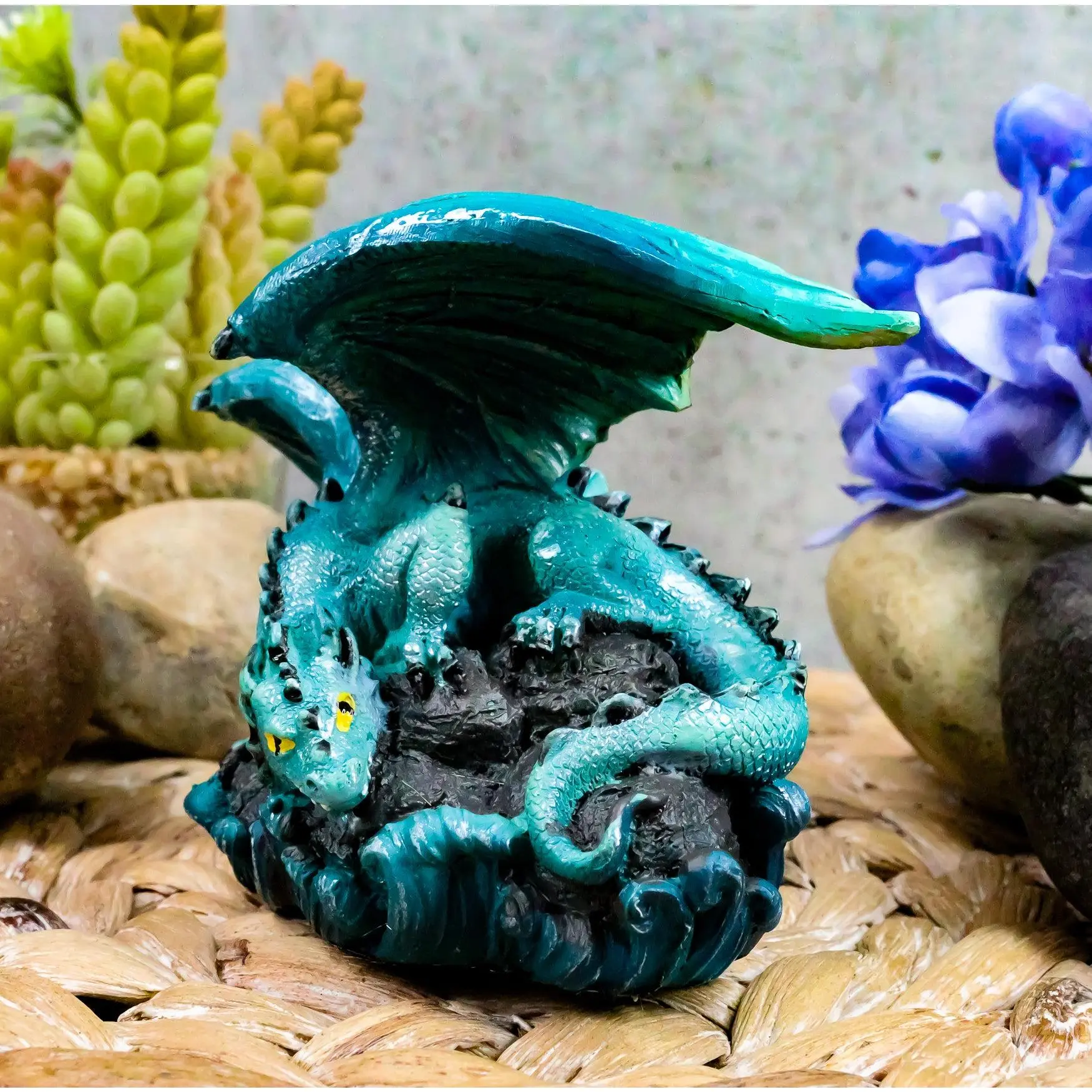 Ebros Handcrafted Small Aqua Blue Whimsical Dragon On Ocean Rock Statue - 3.75" Long Composite Resin Fantasy Home Decor Figurine for Gifting, Hand