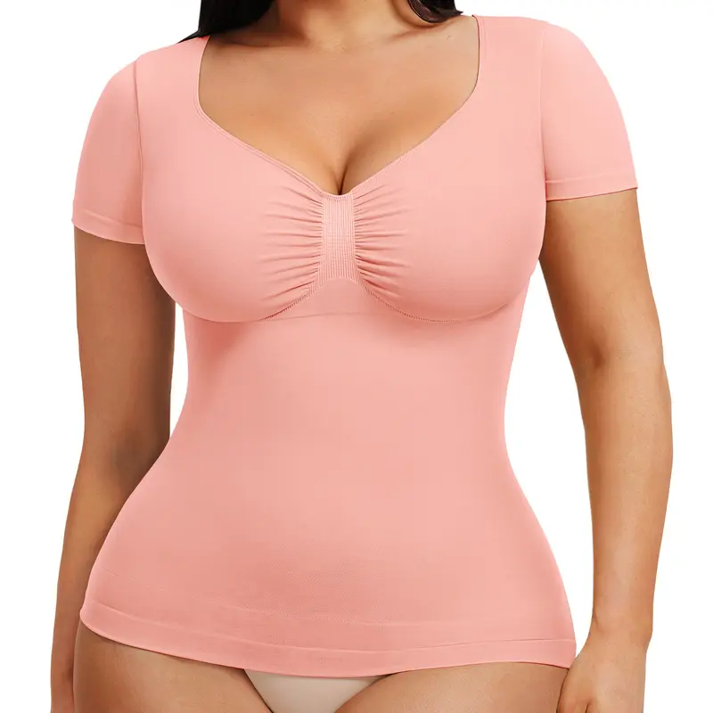 FeelinGirl Short Sleeve Bodysuits for Women Tummy Control Casual Stretchy Basic Body Suits Slimming Tops T Shirts