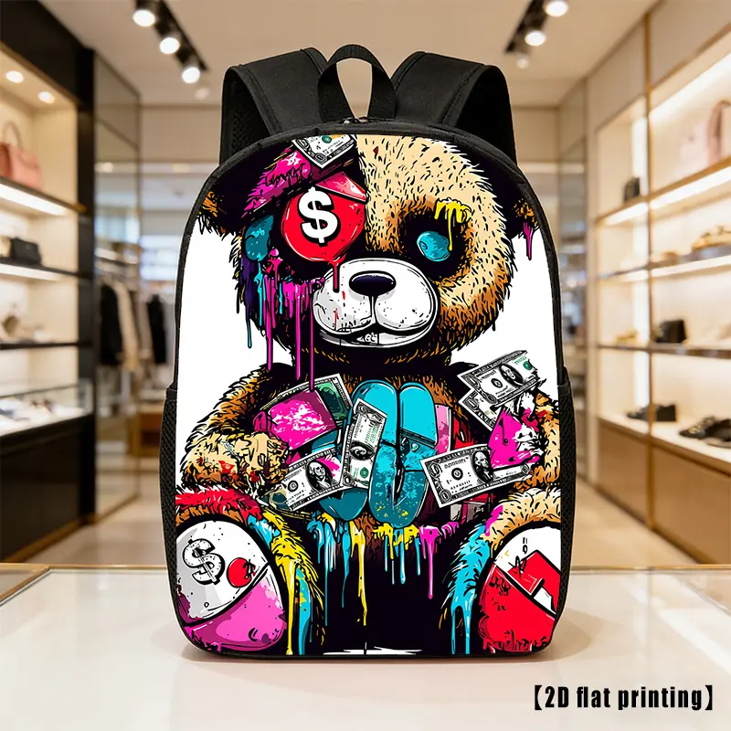 Streetwear Dripping Paint Graffiti Backpack for Teens - 600D Oxford Cloth, 15-Inch Laptop Compatible, Colorful Full-Wrap Cartoon Teddy Bear Money Print, Lightweight Water-Resistant, Padded Adjustable Straps, Graphic Mesh, Hand Wash Only Daypack