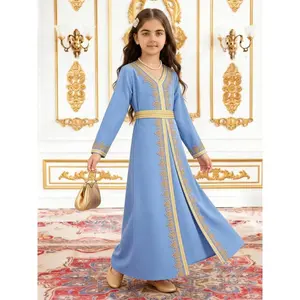 Muslim Girls Islamic Blue Long Sleeve Robe Embroidered Dress, Elegant Loose Fit 6-12 Years, Perfect for Ramadan, Eid, Praying, Daily Wear