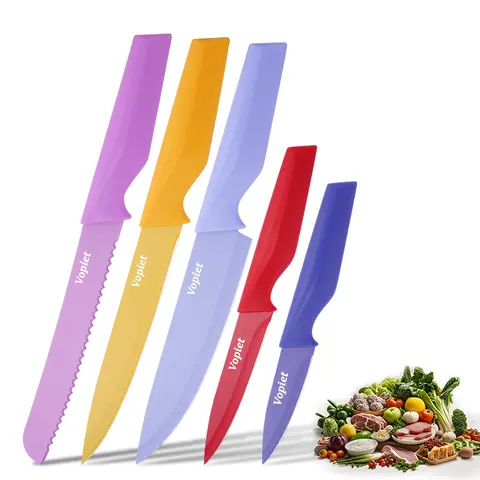 5-Piece Color-Coded Kitchen Knife Set - Durable Rustproof Coated Stainless Steel+Plastic Knives, Dishwasher-Safe Cutting Utensils, Kitchen Gadget Gift for Mom or Dad