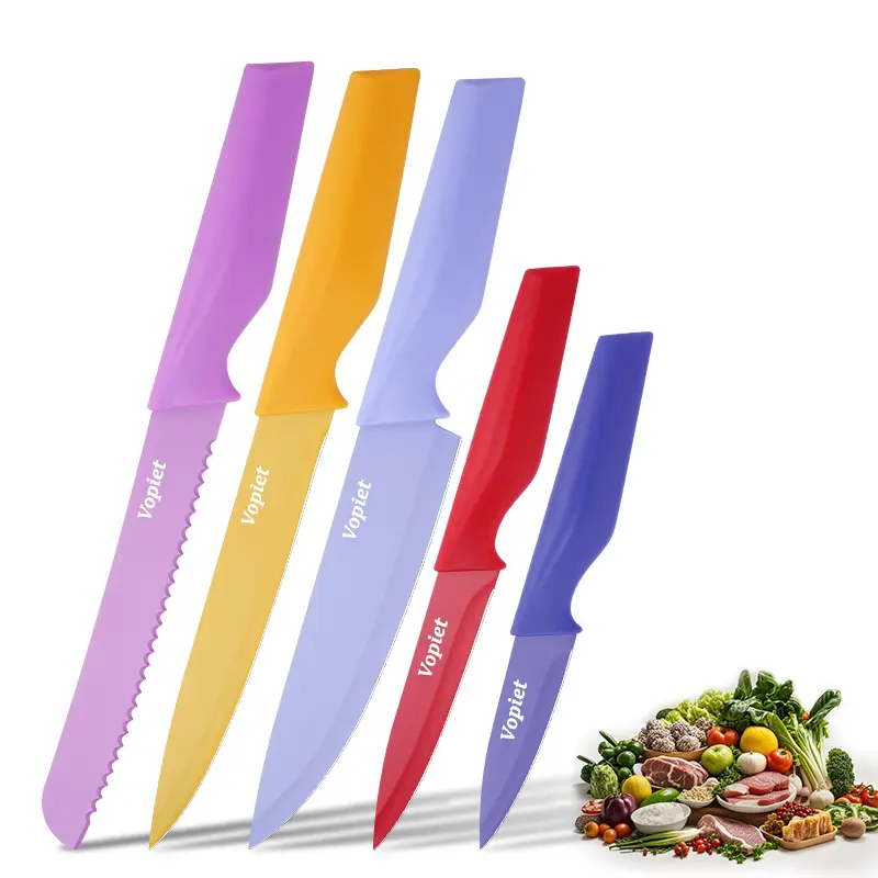 5-Piece Color-Coded Kitchen Knife Set - Durable Rustproof Coated Stainless Steel+Plastic Knives, Dishwasher-Safe Cutting Utensils, Kitchen Gadget Gift for Mom or Dad