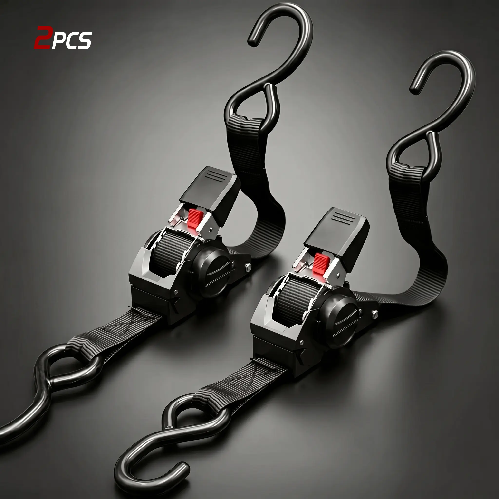 Auto Retractable Ratchet Straps 2 Pack, Self-Retracting Tie Down Straps with S Hooks, 1500 lb Break Strength for Motorcycle, Truck, Cargo