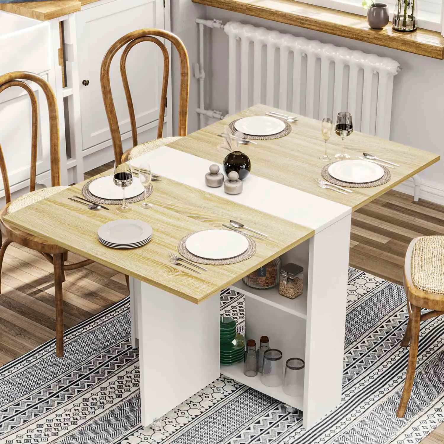 SIKAIC Modern Folding Dining Table, White, with Storage Shelves and 6 Casters, Six Casters